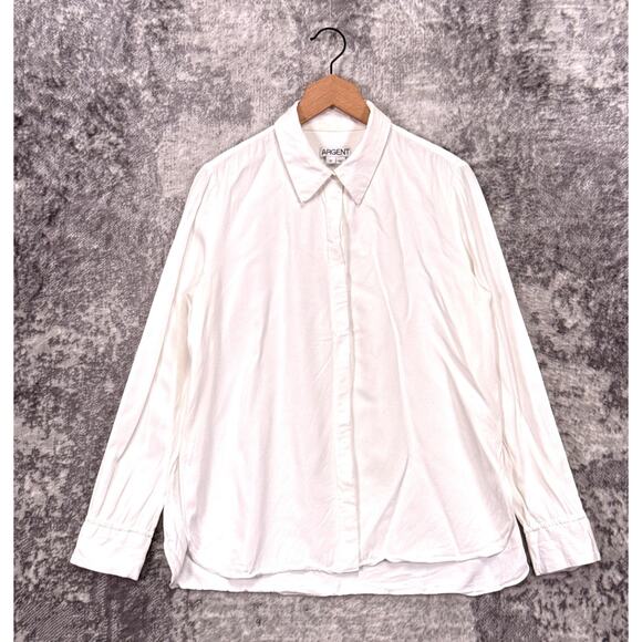Argent Tops - Argent Shirt 10 Womens White Viscose Twill Collared Button Down Top